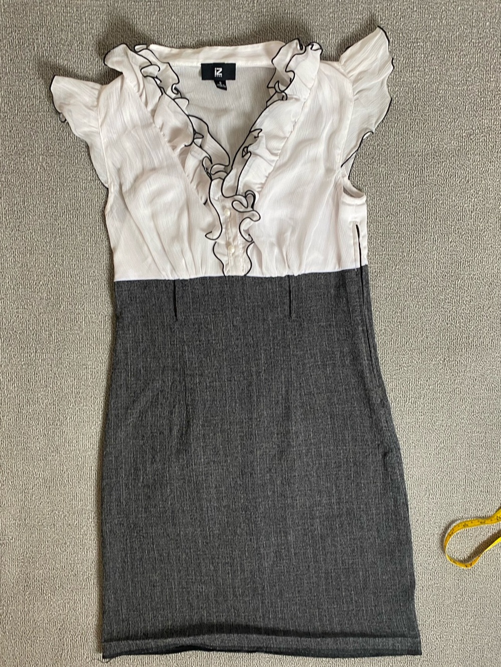 Iz Byer White and Charcoal Business Casual Ruffle Sheath Dress Office Wear
